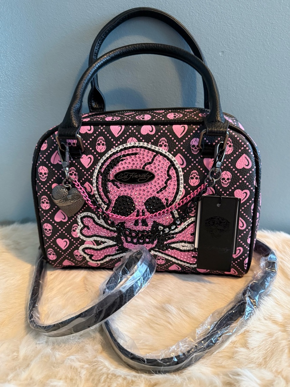 Ed Hardy Vegan Leather Skull Satchel Crossbody